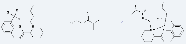 Bupivacaine is used to produce 1-butyl-2-(2,6-dimethyl-phenylcarbamoyl)-1-isobutyryloxymethyl-piperidinium; chloride by reaction with chloro-isobutyryloxy-methane.
